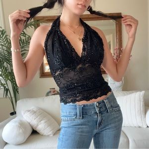 Y2K Vintage Black Beaded Bebe Halter Top